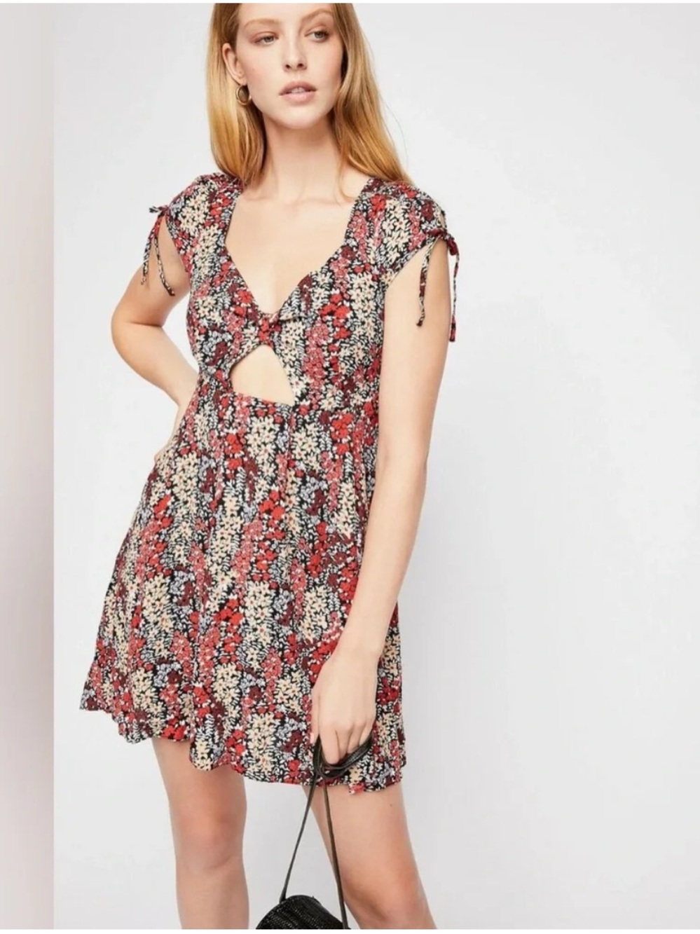 Free People Floral Cutout Mini Dress XS Boho Prairie Tie Sleeve Pockets